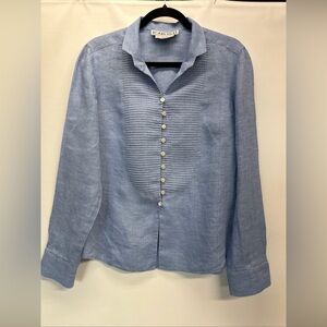Carlisle Women 100% Linen Button Up Shirt Sz 14 Blue Pintuck Detail Career Boho